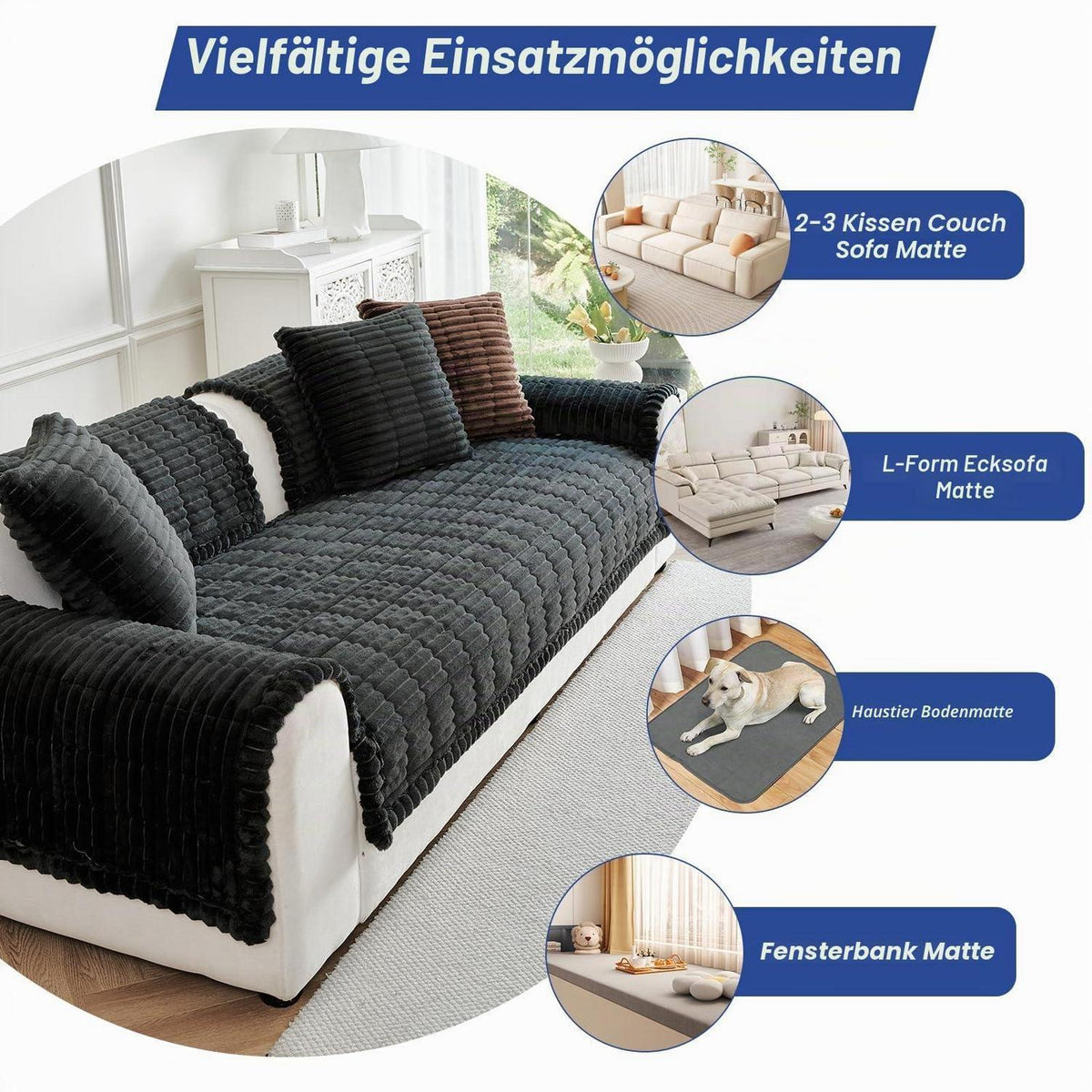 Dicker Sofaüberzug Schwarz 90x210cm - Rutschfest & Komfortabel