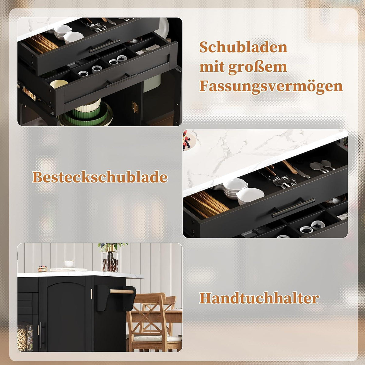 Küchenwagen mit Klappplatte & Glastüren – Schwarz