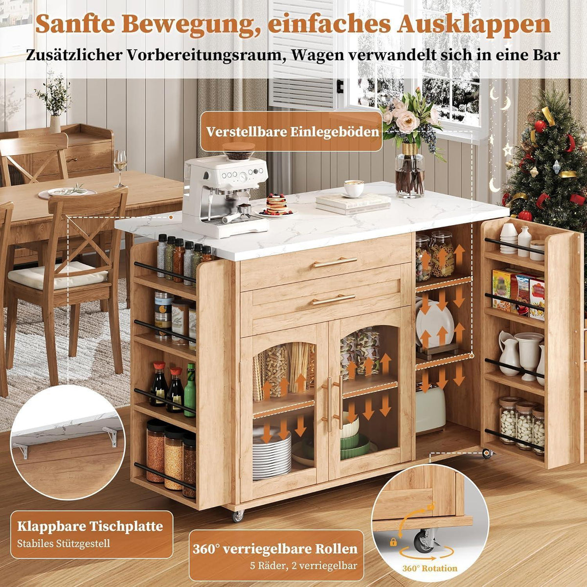 Küchenwagen mit Klappplatte & Glastüren – Mobile Kücheninsel Natural