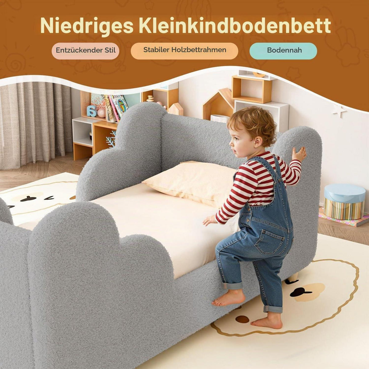 Meulbaty Grau Süß 70x140cm Wolke Kinderbett in Lederoptik, Matratze Nicht Enthalten, 140x70cm