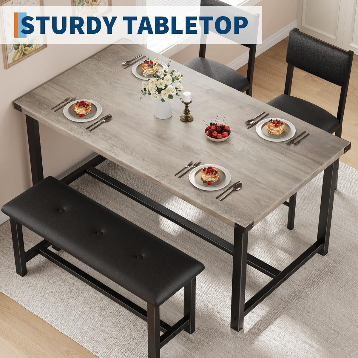 Esszimmer Set Grau mit Tisch, 2 Stühlen & Bank – Platzsparend