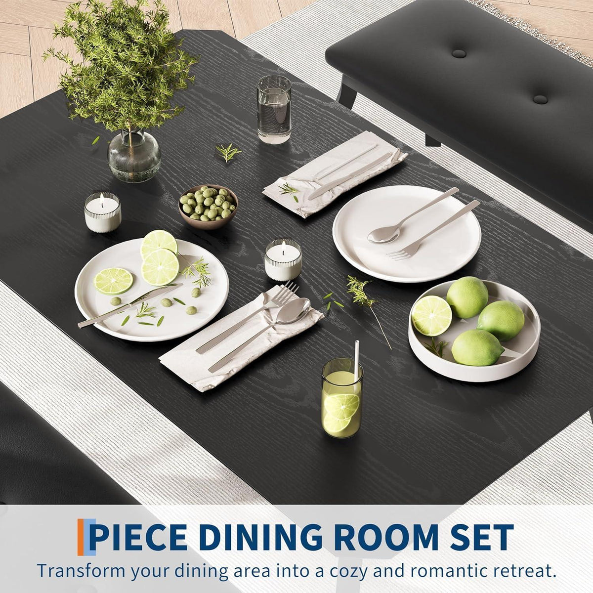 Esszimmer Set mit Banken | Küchentisch Holz 110x70x76 cm Schwarz