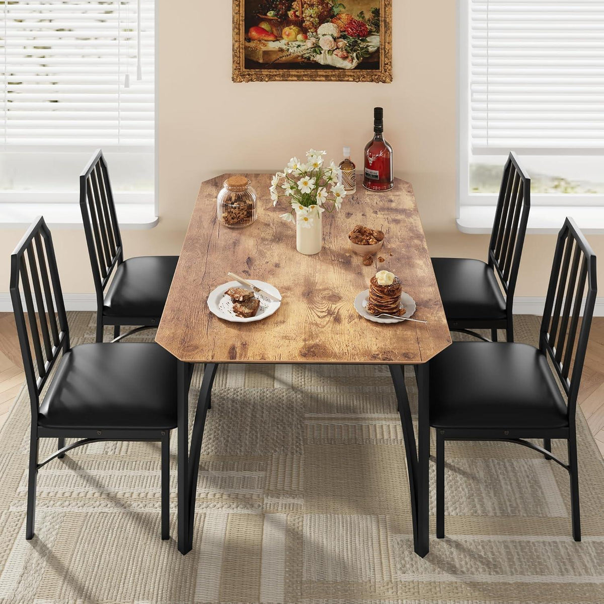 Esszimmer Set Holz 110x70 cm mit 4 gepolsterten Stühlen Vintage Braun