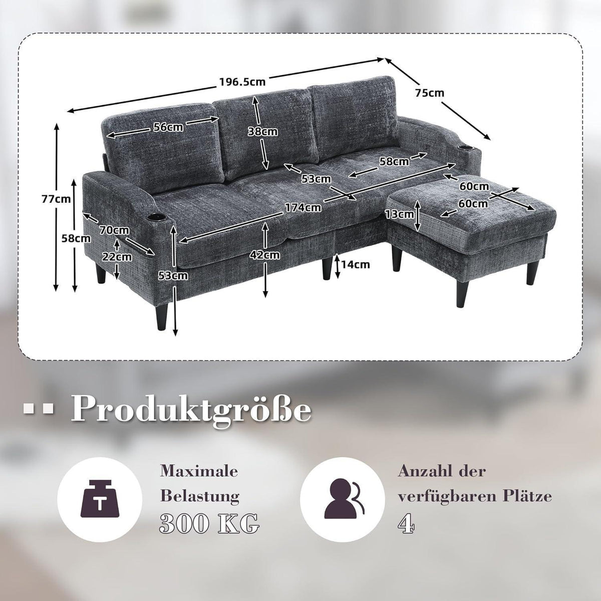 Ecksofa mit Schlaffunktion, 4-Sitzer, Schwarz