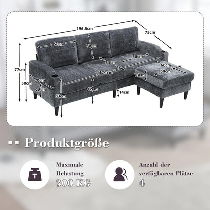 Ecksofa mit Schlaffunktion, 4-Sitzer, Schwarz