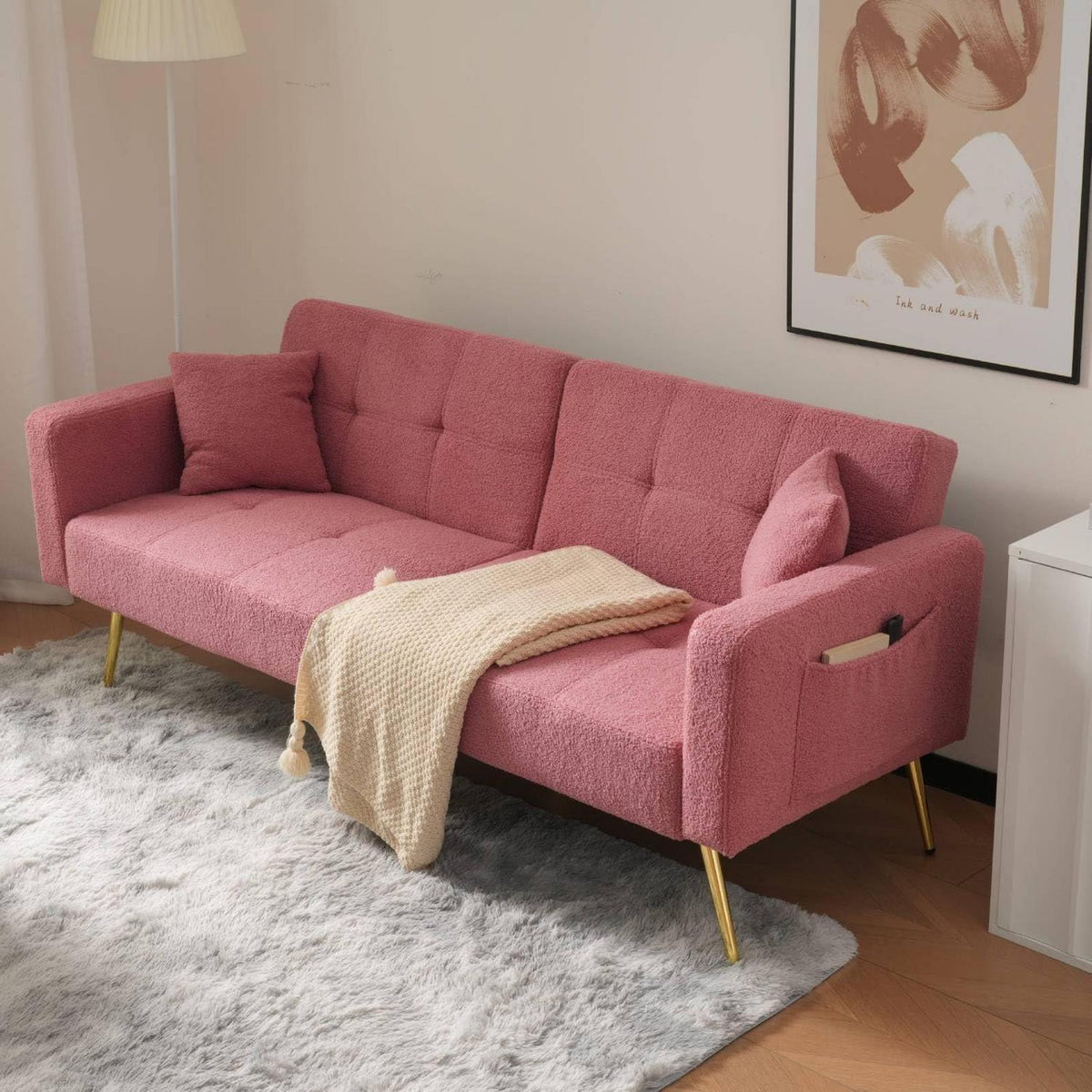 Rosa Schlafsofa mit verstellbarer Rückenlehne & goldenen Beinen
