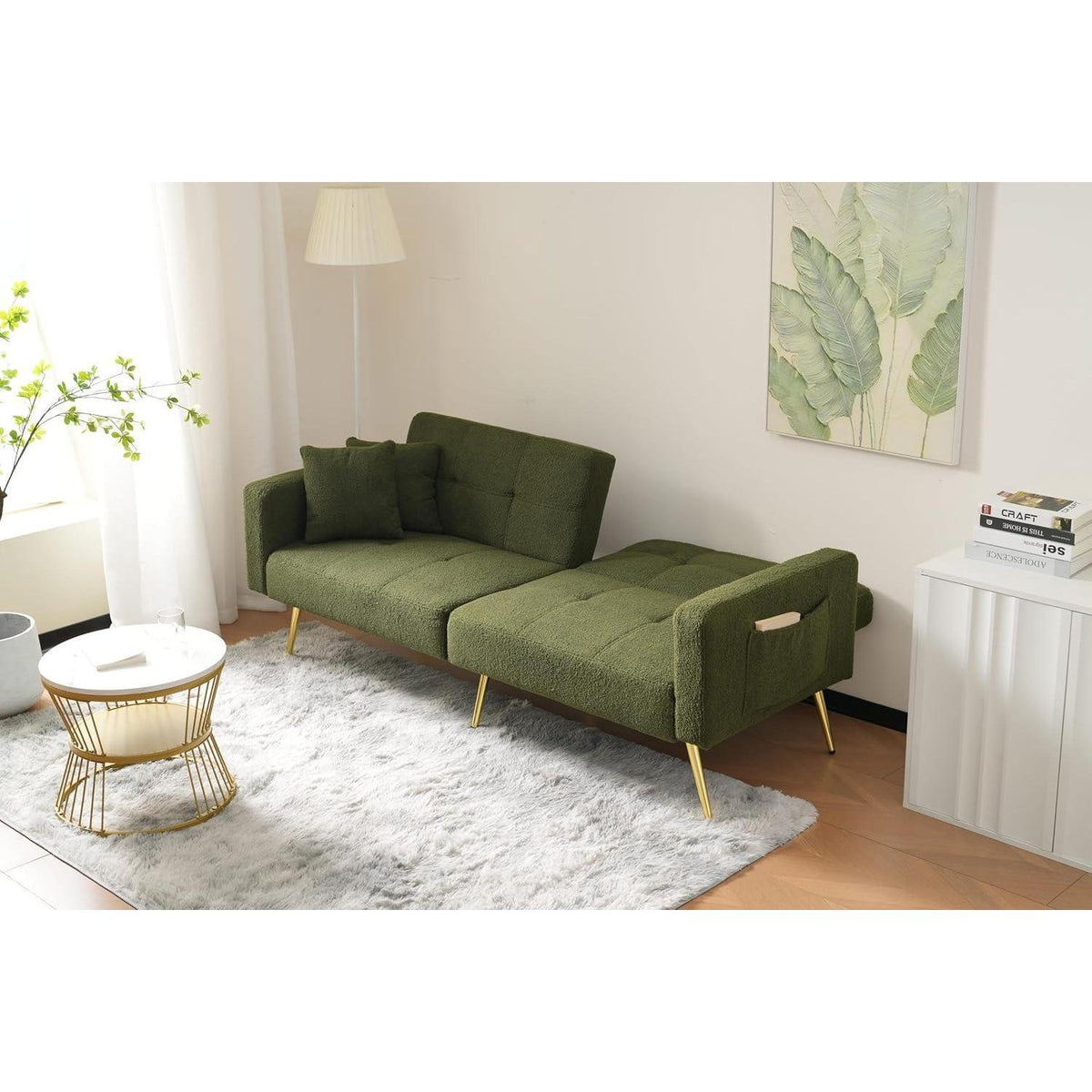 Schlafsofa mit verstellbarer Rückenlehne & goldenen Beinen (Grün)