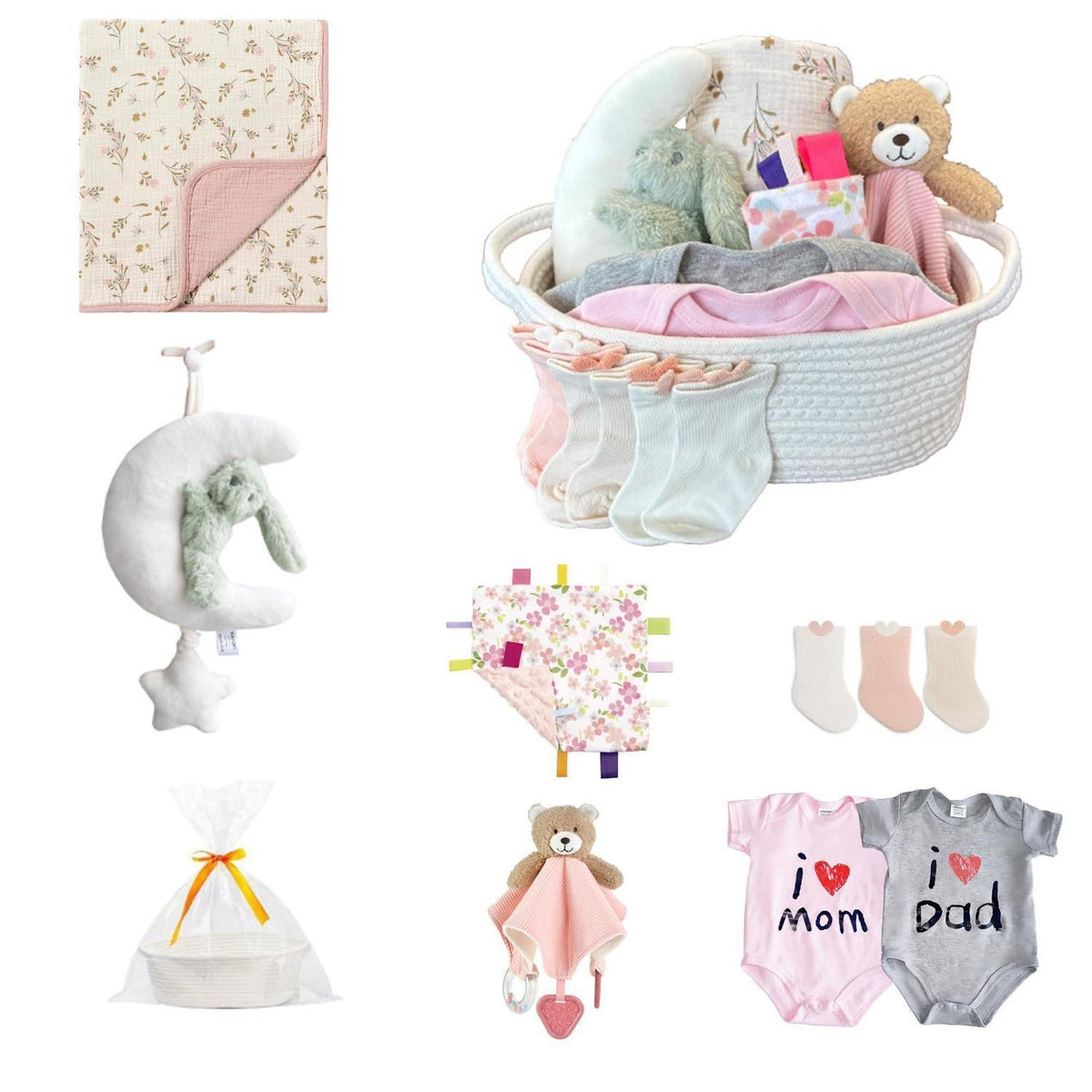 Baby Geschenkset Neugeborene – Rosa Decke, Taggie & Kuscheltier