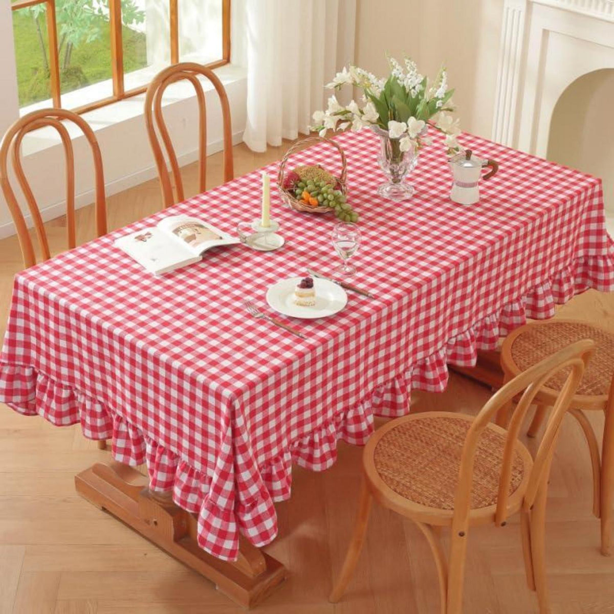 Baumwoll-Leinen Tischdecke Rüschen 140x300cm – Landhausstil