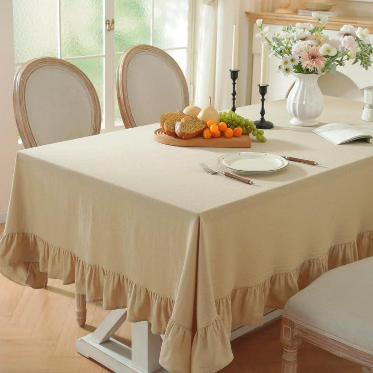 Baumwoll-Leinen Tischdecke Rüschen 152x305cm – Beige Landhausstil
