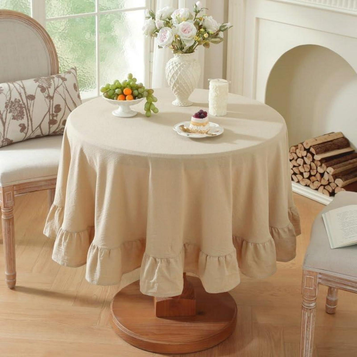 Baumwoll-Leinen Tischdecke Rüschen 152x305cm – Beige Landhausstil