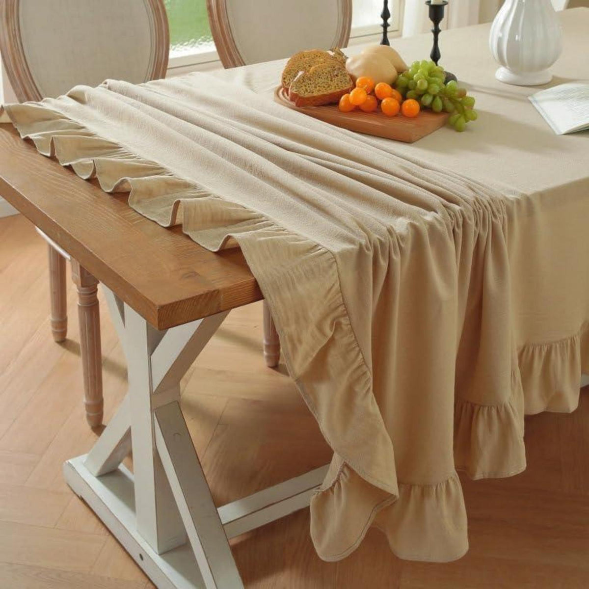 Baumwoll-Leinen Tischdecke Rüschen 152x305cm – Beige Landhausstil
