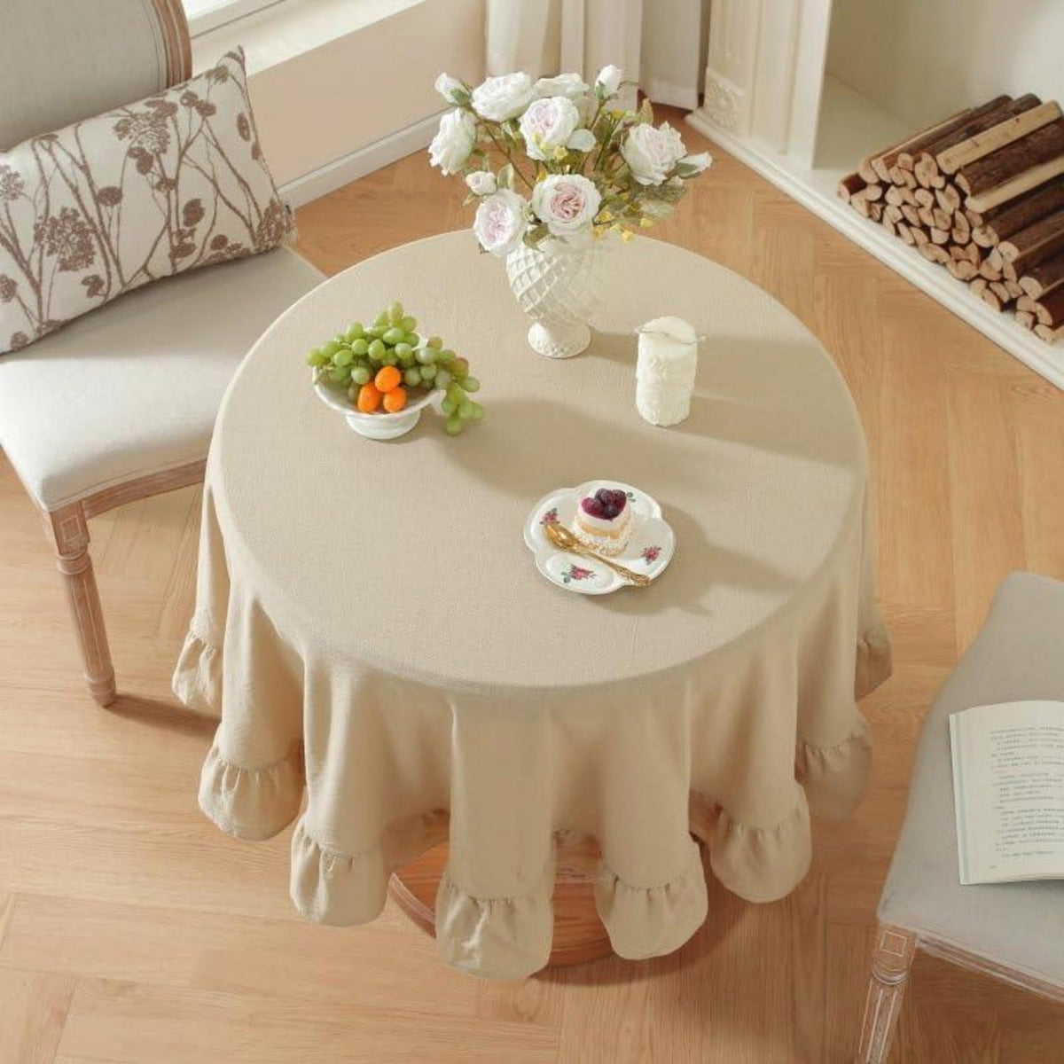 Baumwoll-Leinen Tischdecke Rüschen 152x305cm – Beige Landhausstil