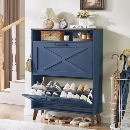 Schmaler Schuhschrank blau mit 2 Klappen – Rattan & Boho-Stil