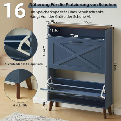 Schmaler Schuhschrank blau mit 2 Klappen – Rattan & Boho-Stil