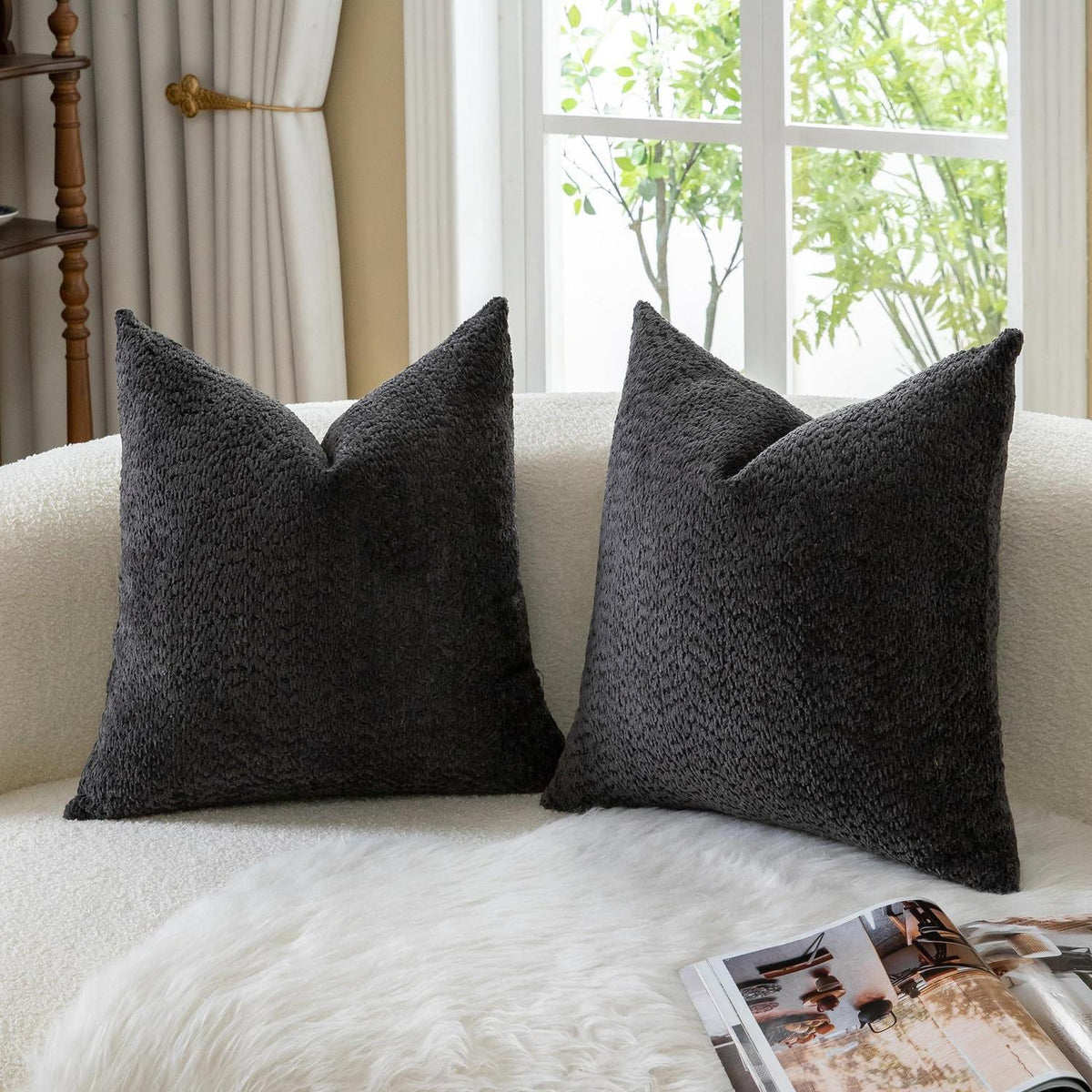 2x Chenille Kissenbezug Schwarz 30x50cm - Weiche Bouclé Optik