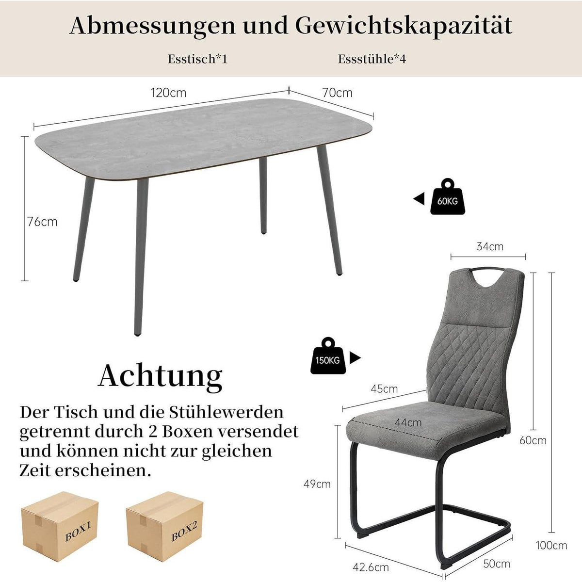 Moderner Esstisch mit 4 Stühlen – Grau, 120cm