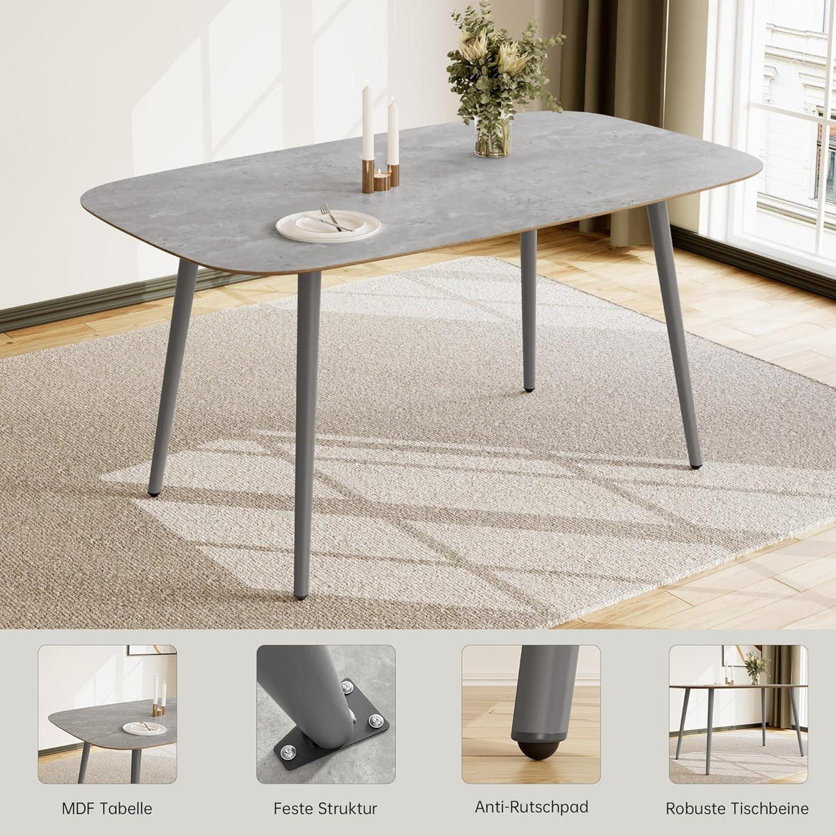 Moderner Esstisch mit 4 Stühlen – Grau, 120cm