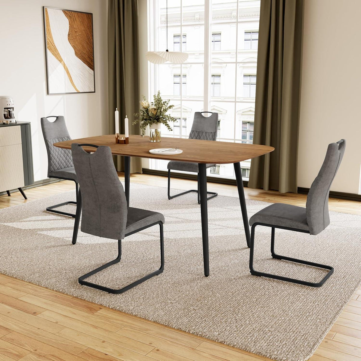 Moderner Esstisch mit 4 grauen Stühlen (120cm)