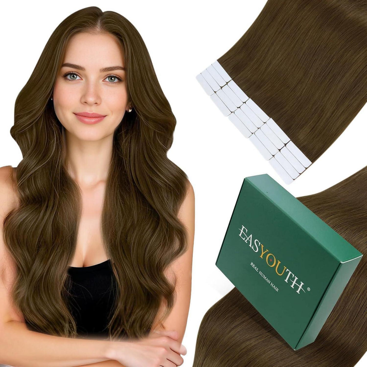 Echthaar Tape-in Extensions Braun, 50cm, 50g