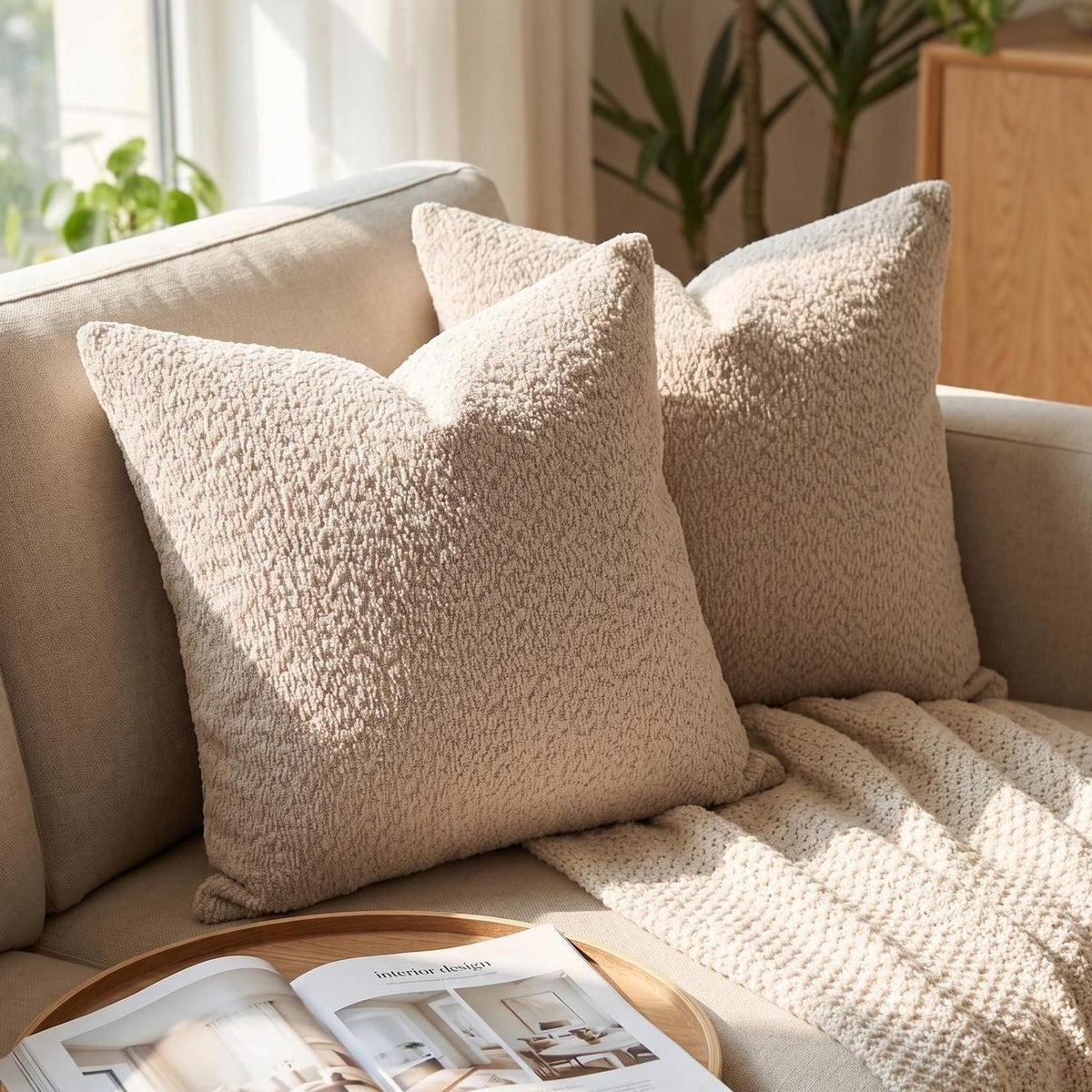 2x Chenille Kissenbezug 55x55cm - Weiche Bouclé Optik