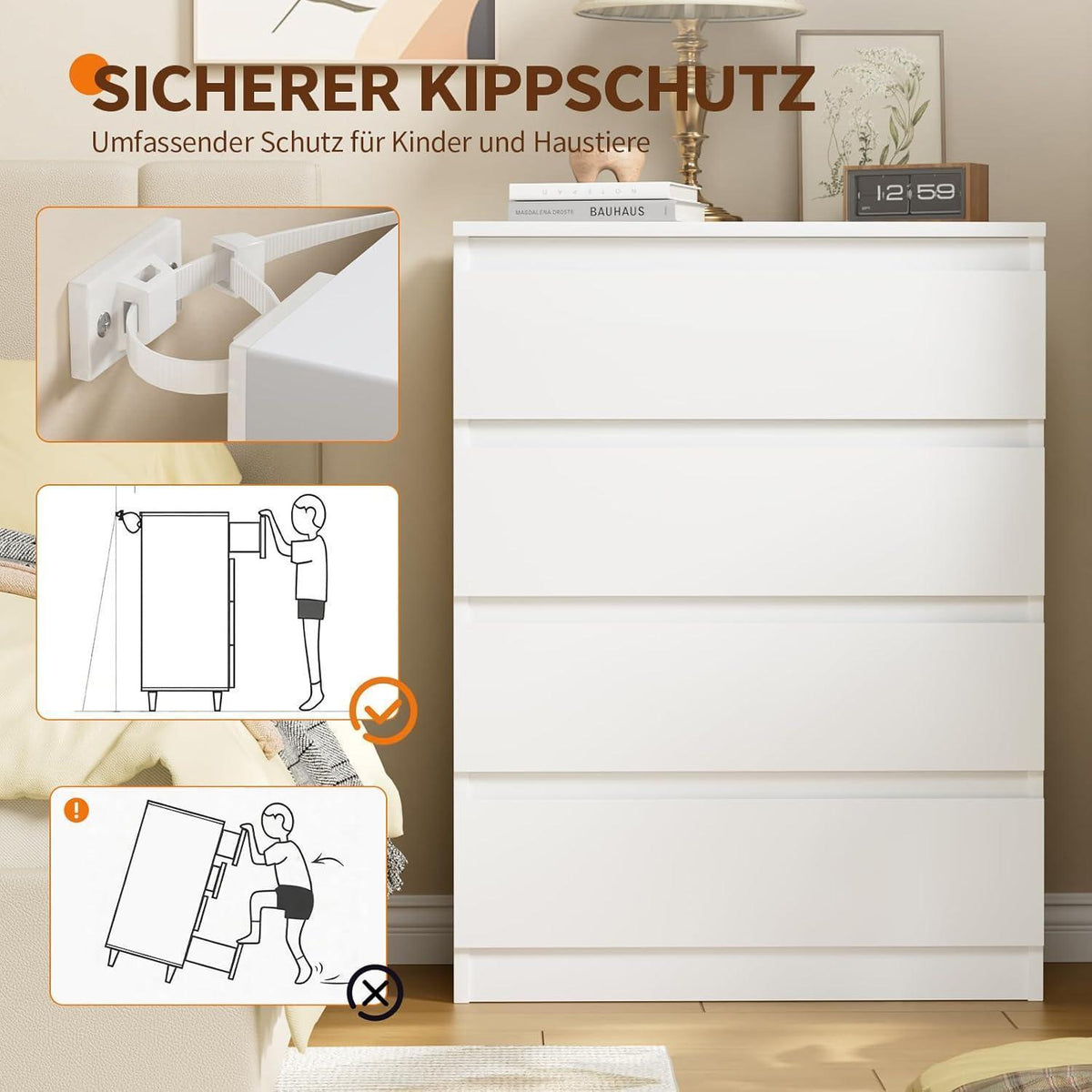 Weiße Kommode mit 4 Schubladen – 70x40x95 cm