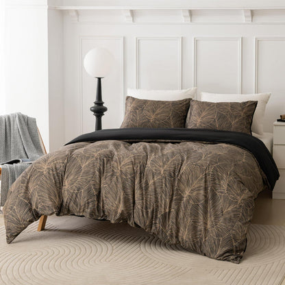 Mikrofaser Bettwäsche Set 135x200 cm, Taupe Blätter-Braun