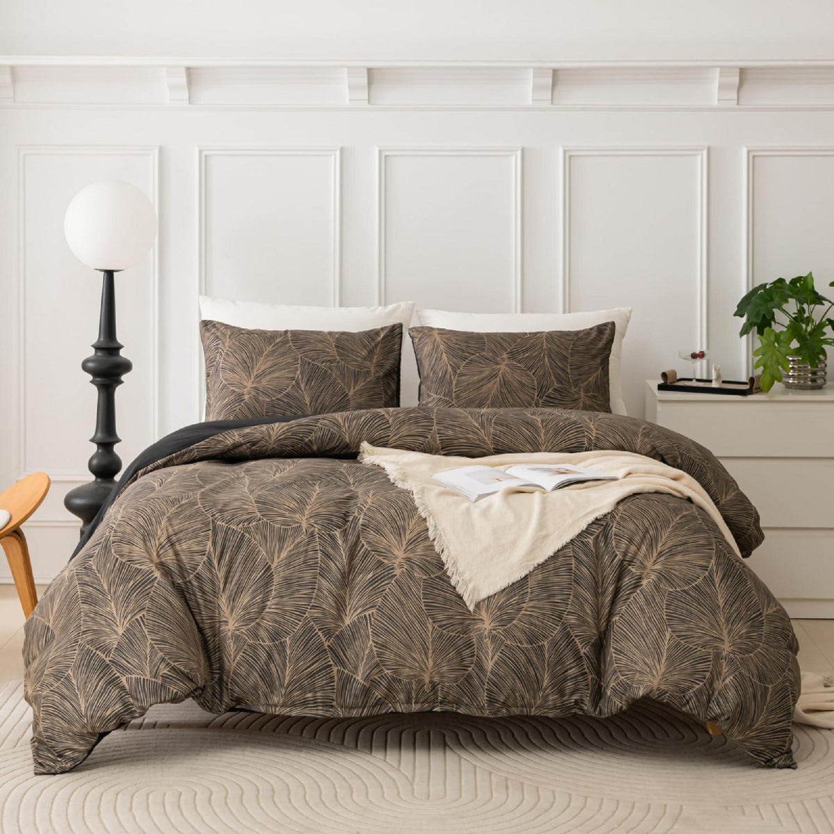 Mikrofaser Bettwäsche Set 135x200 cm, Taupe Blätter-Braun