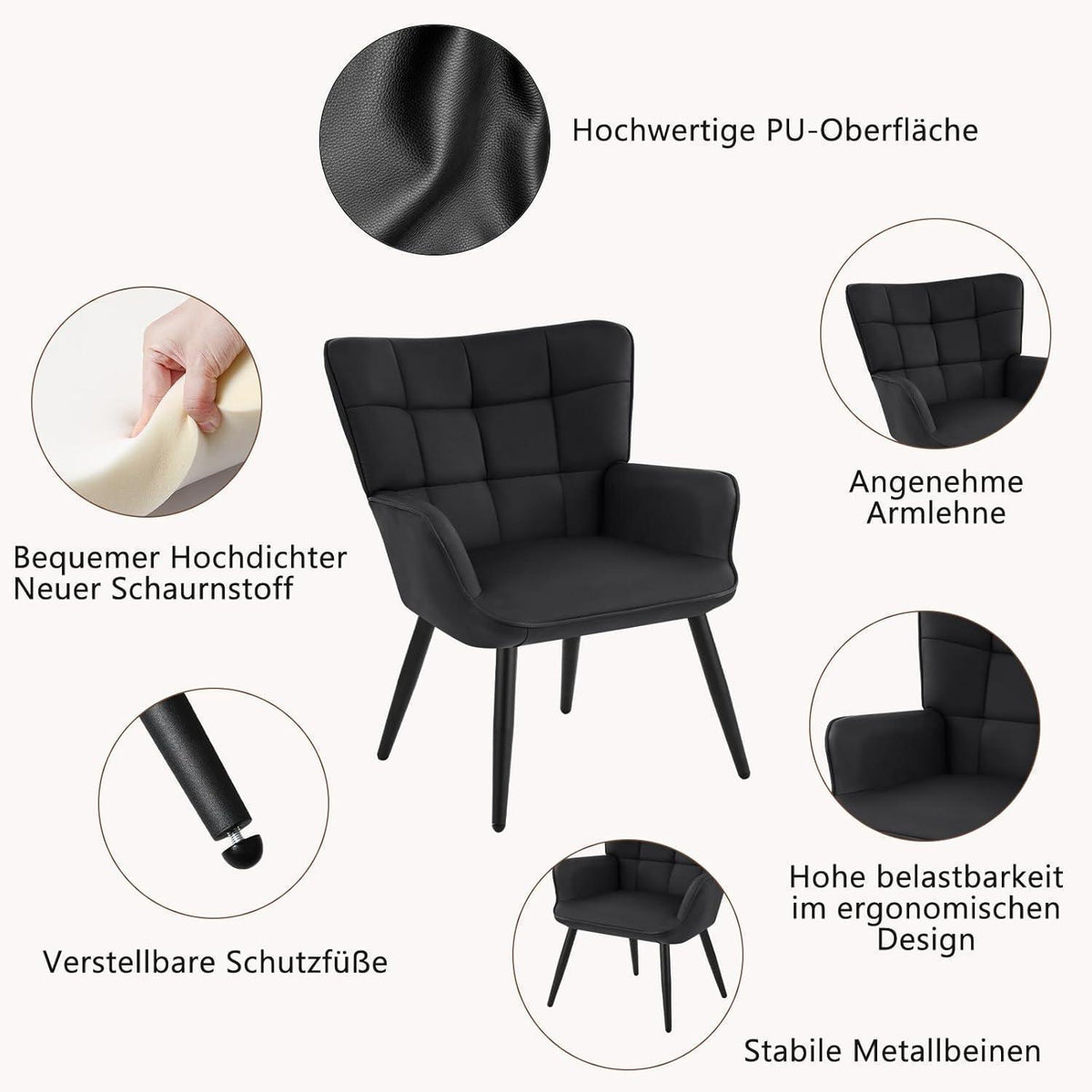 Ohrensessel Wohnzimmer Skandinavisch Schwarz in Lederoptik