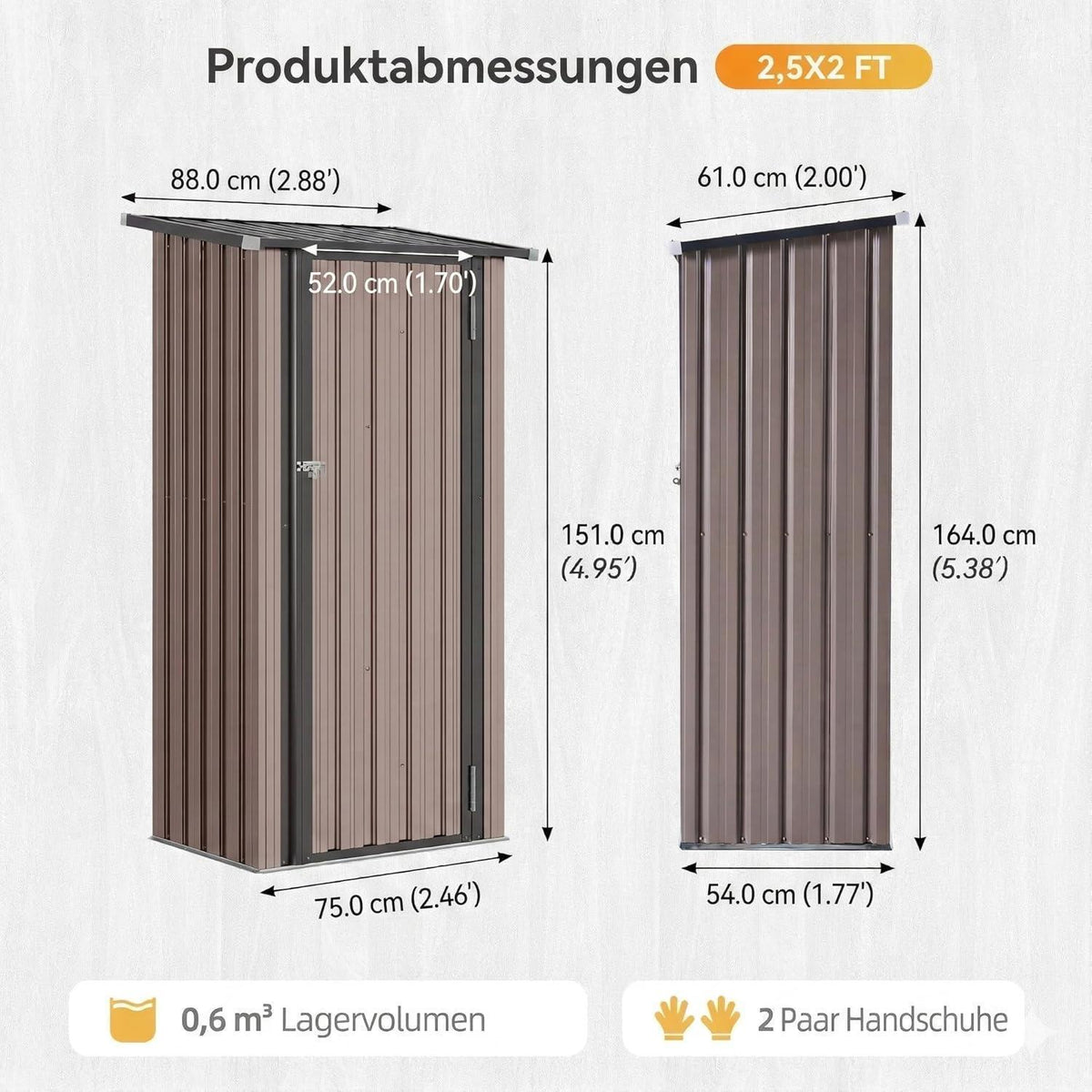 Metall Gerätehaus mit Regalböden – Braun, 88x54x164cm