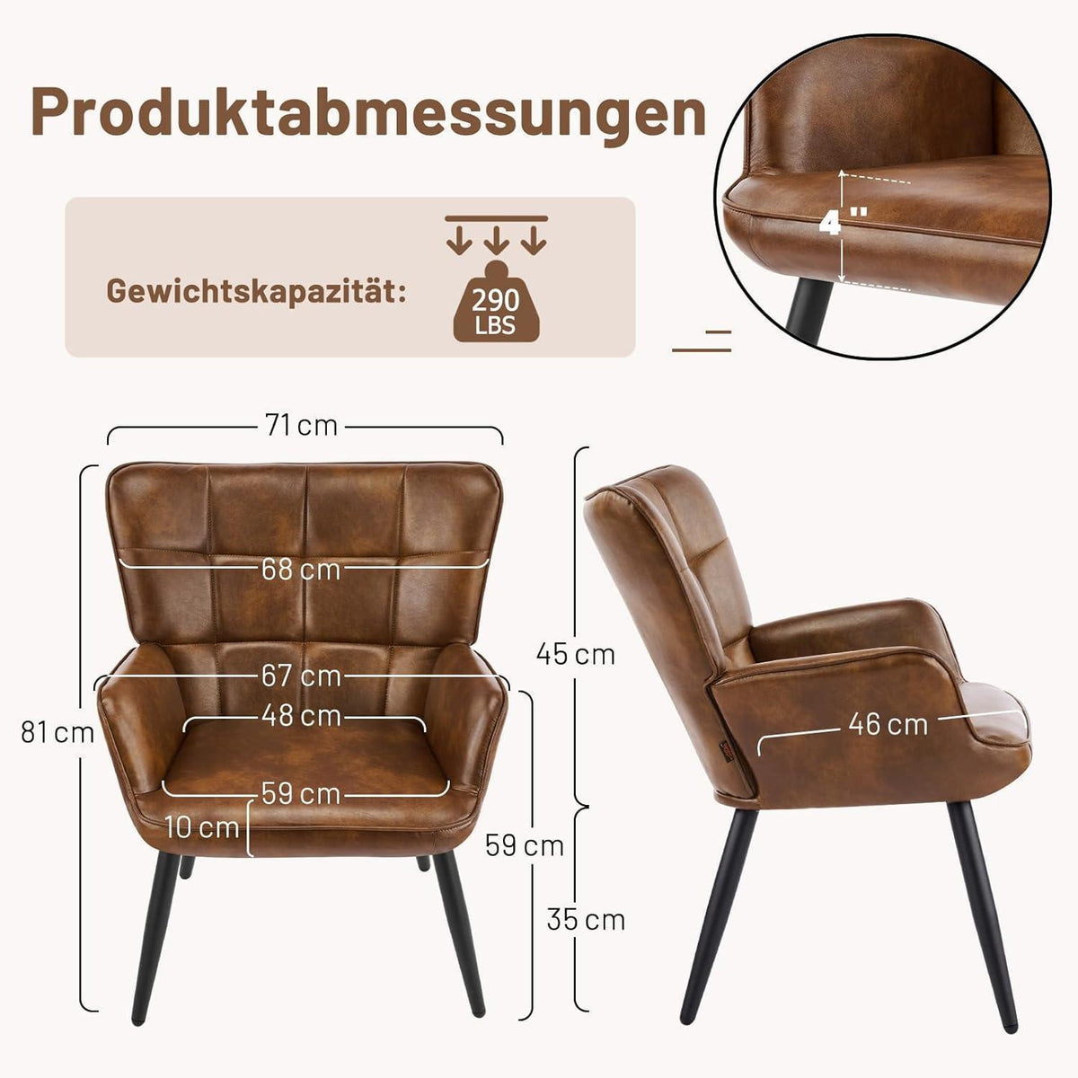 2er Set Ohrensessel Braun – Skandinavischer Wohnzimmer Sessel in Lederoptik