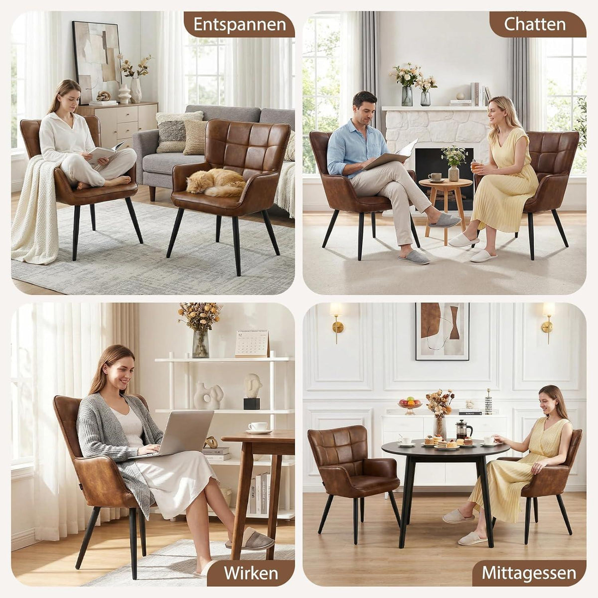 2er Set Ohrensessel Braun – Skandinavischer Wohnzimmer Sessel in Lederoptik