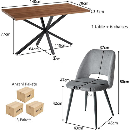Esstisch Set mit 6 Cord-Stühlen – Modernes Esszimmer-Ensemble