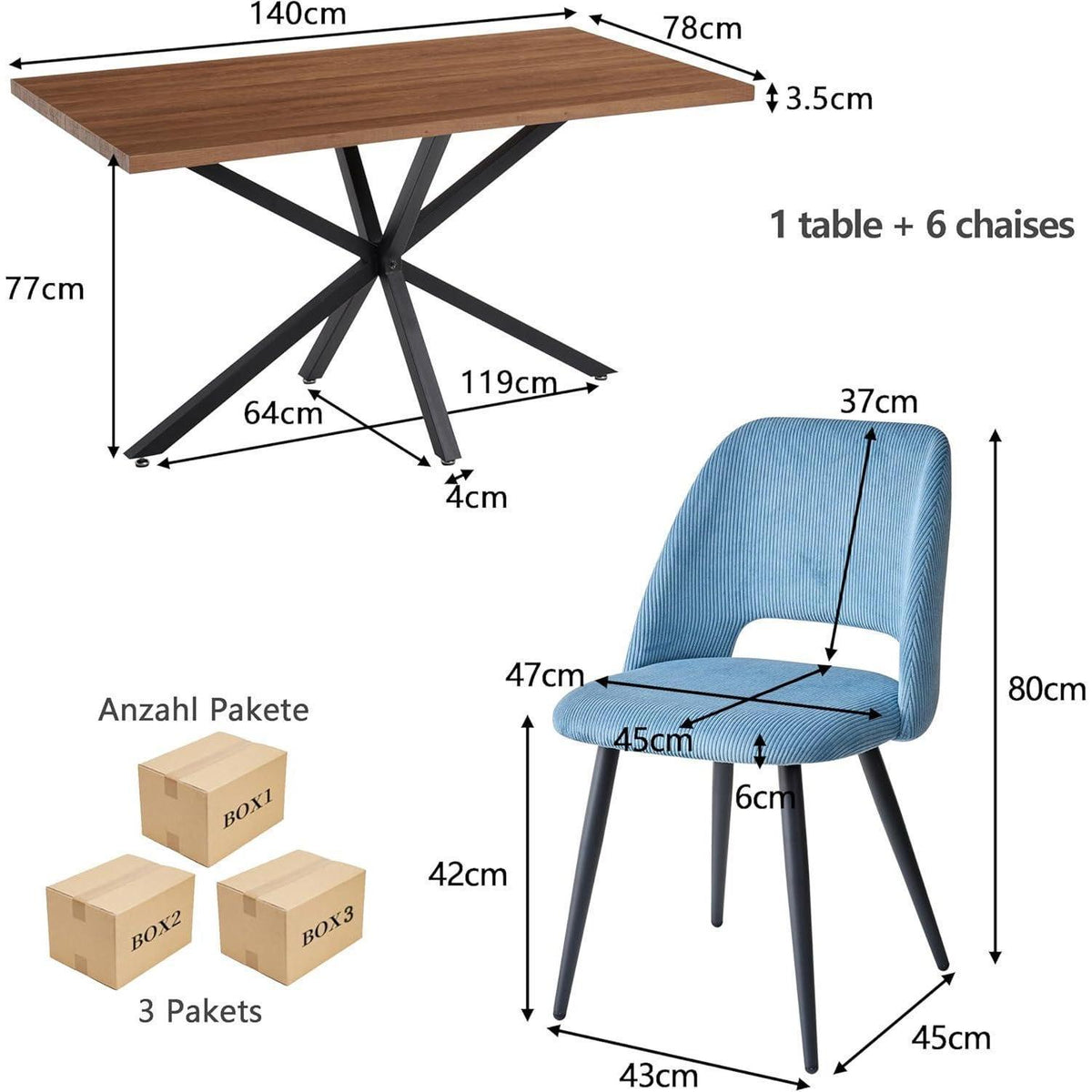 Esstisch Set mit 6 Cord-Stühlen – Modern & Komfortabel