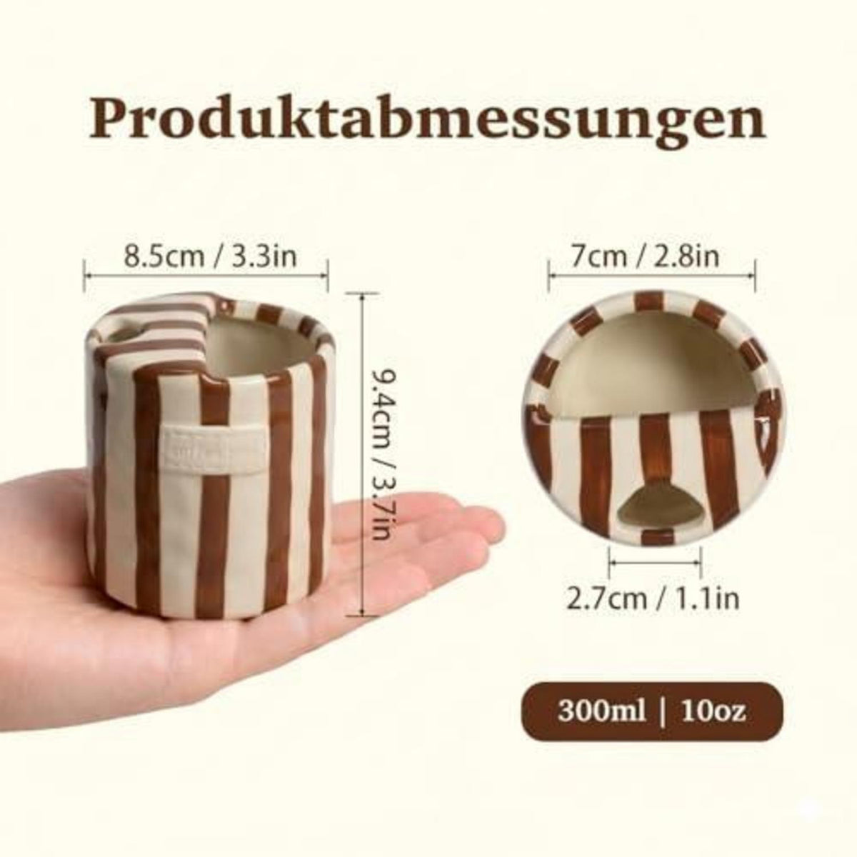 Keramikbecher ohne Henkel, Braun gestreift – 300ml