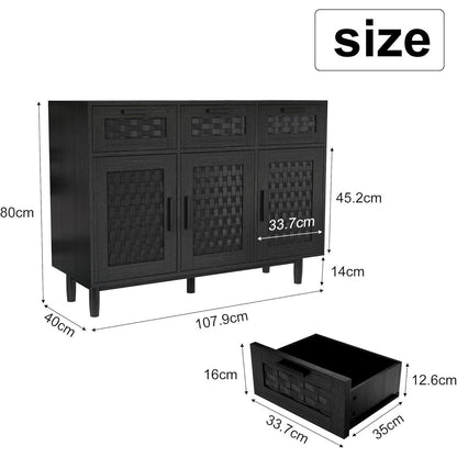 Boho Sideboard Schwarz 108x40x80cm – 3 Schubladen & 3 Türen