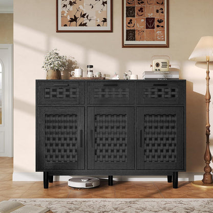 Boho Sideboard Schwarz 108x40x80cm – 3 Schubladen & 3 Türen