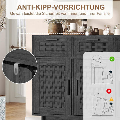 Boho Sideboard Schwarz 108x40x80cm – 3 Schubladen & 3 Türen