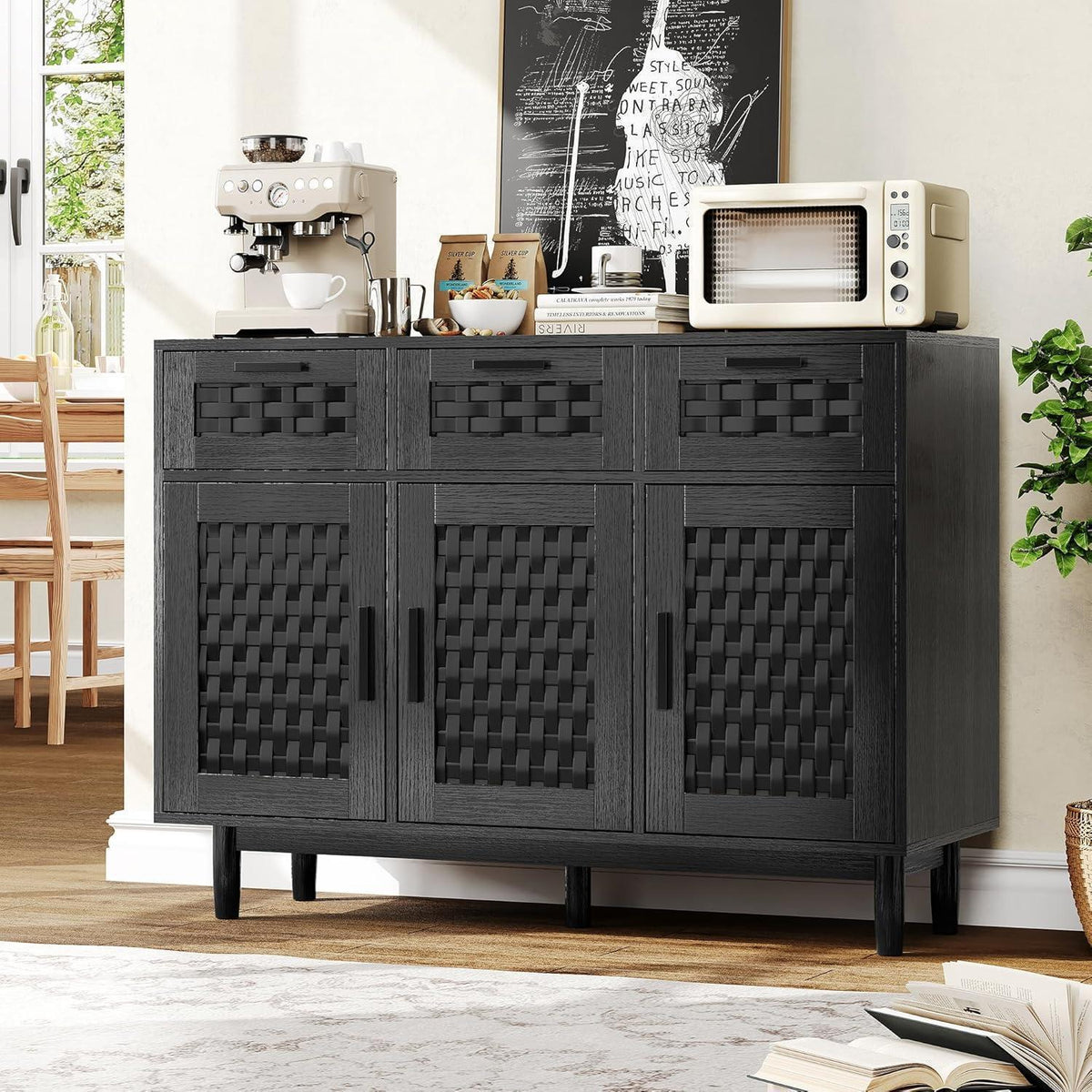 Boho Sideboard Schwarz 108x40x80cm – 3 Schubladen & 3 Türen