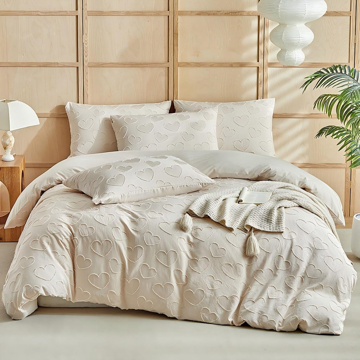 Bettwäsche-Set Boho Beige mit Herz-Stickerei 200x220cm
