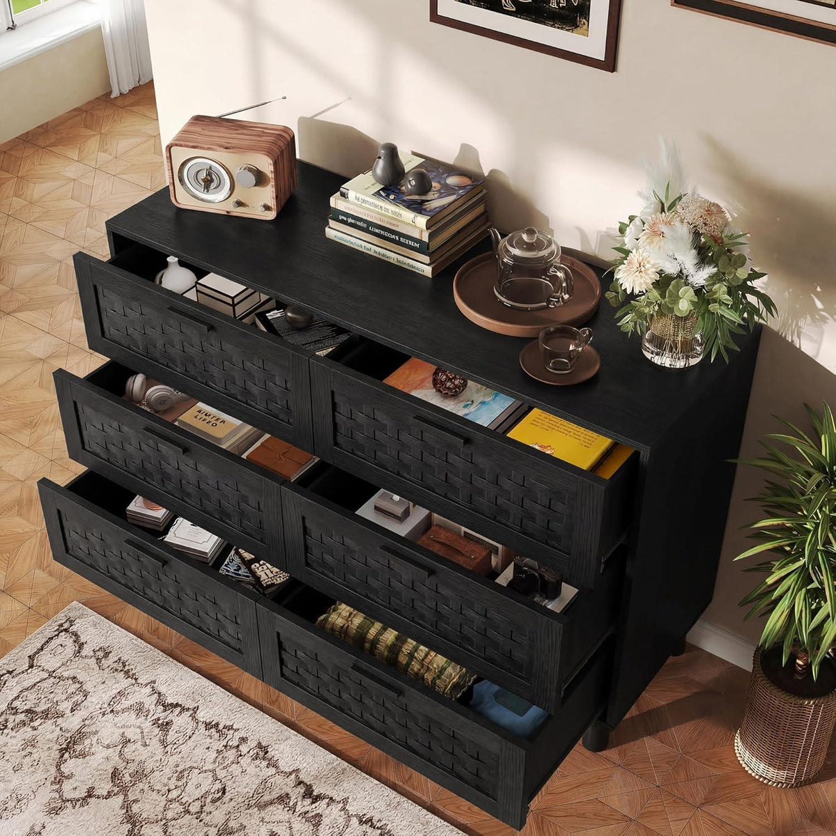 Kommode 6 Schubladen Holz Schwarz 115x40x80cm Flechtoptik