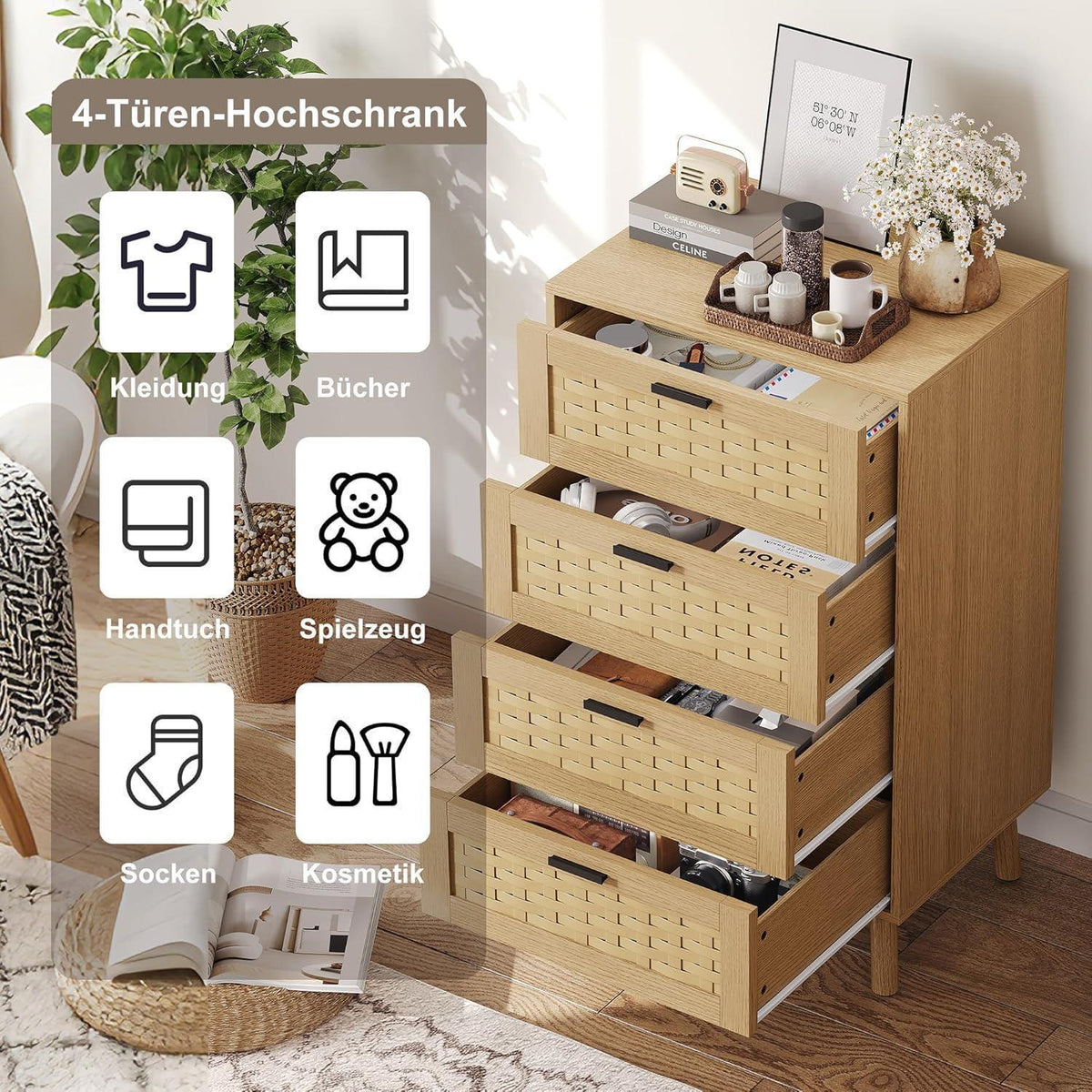 Kommode 4 Schubladen Holz – Flechtoptik, 55x40x95cm