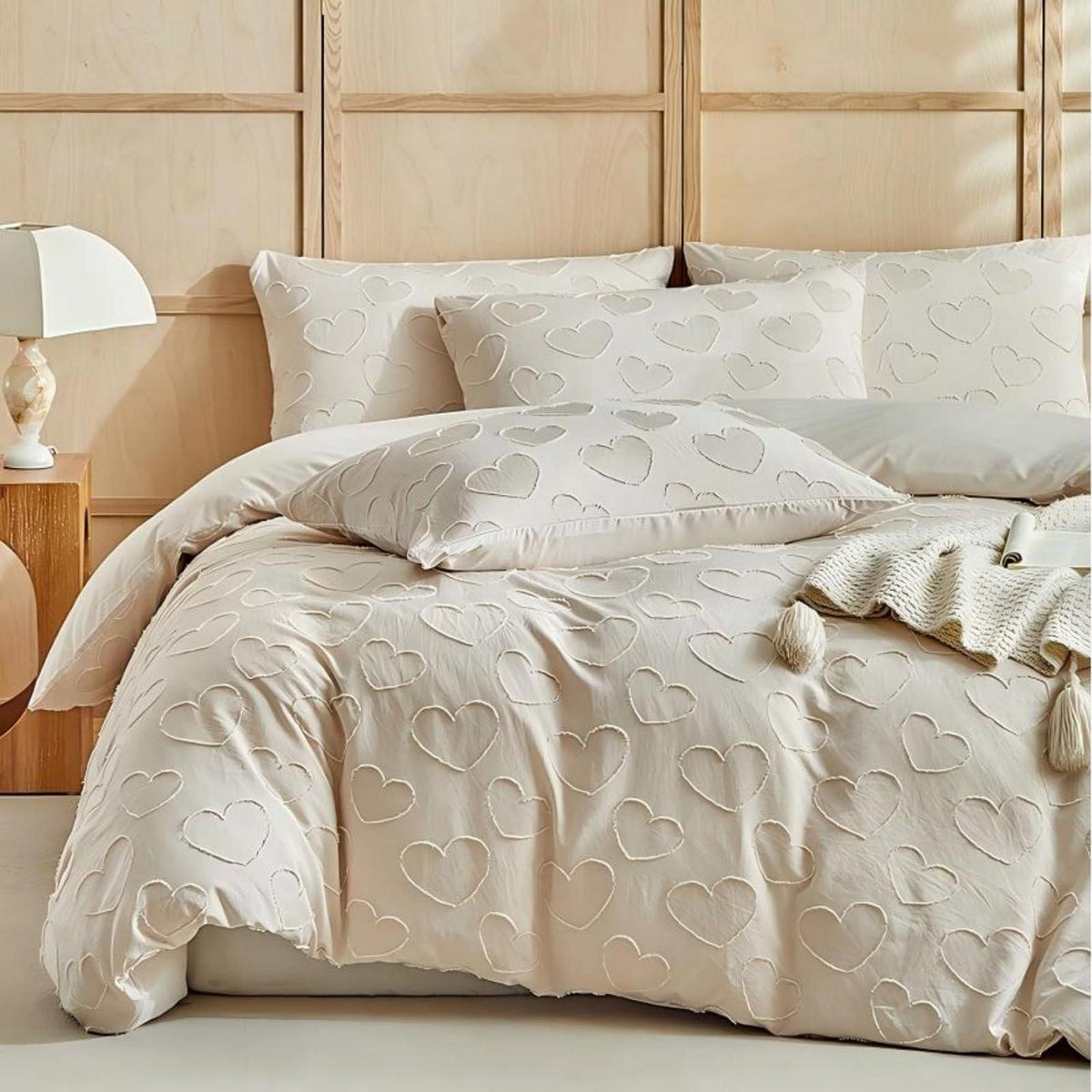 Bettwäsche-Set Boho Beige mit Herzstickerei 220x240cm