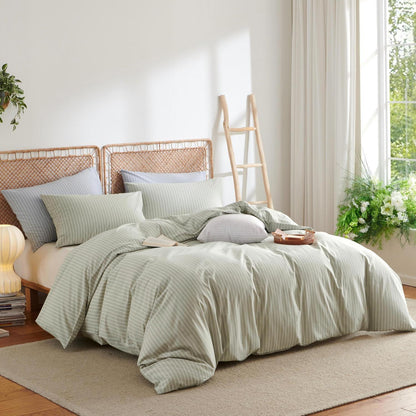 Baumwoll Bettwäsche Set gestreift grün weiß 200x220 cm