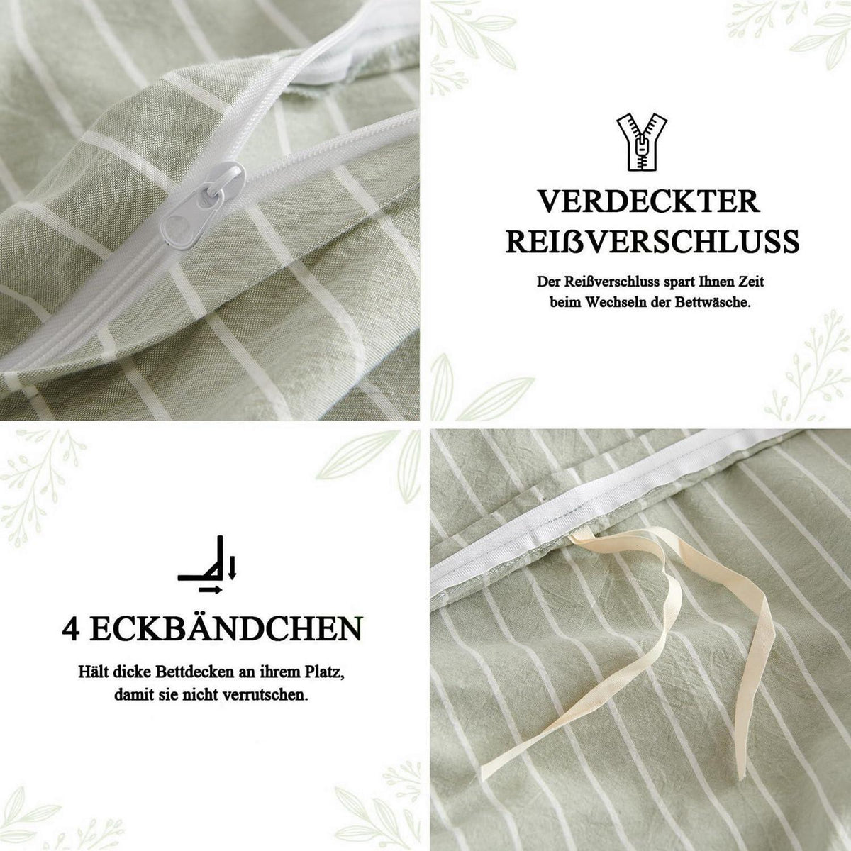 Baumwoll Bettwäsche Set gestreift grün weiß 200x220 cm