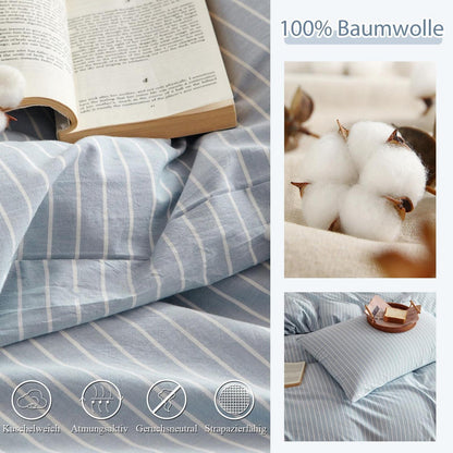 Baumwoll Bettwäsche Set gestreift blau weiß 220x240cm