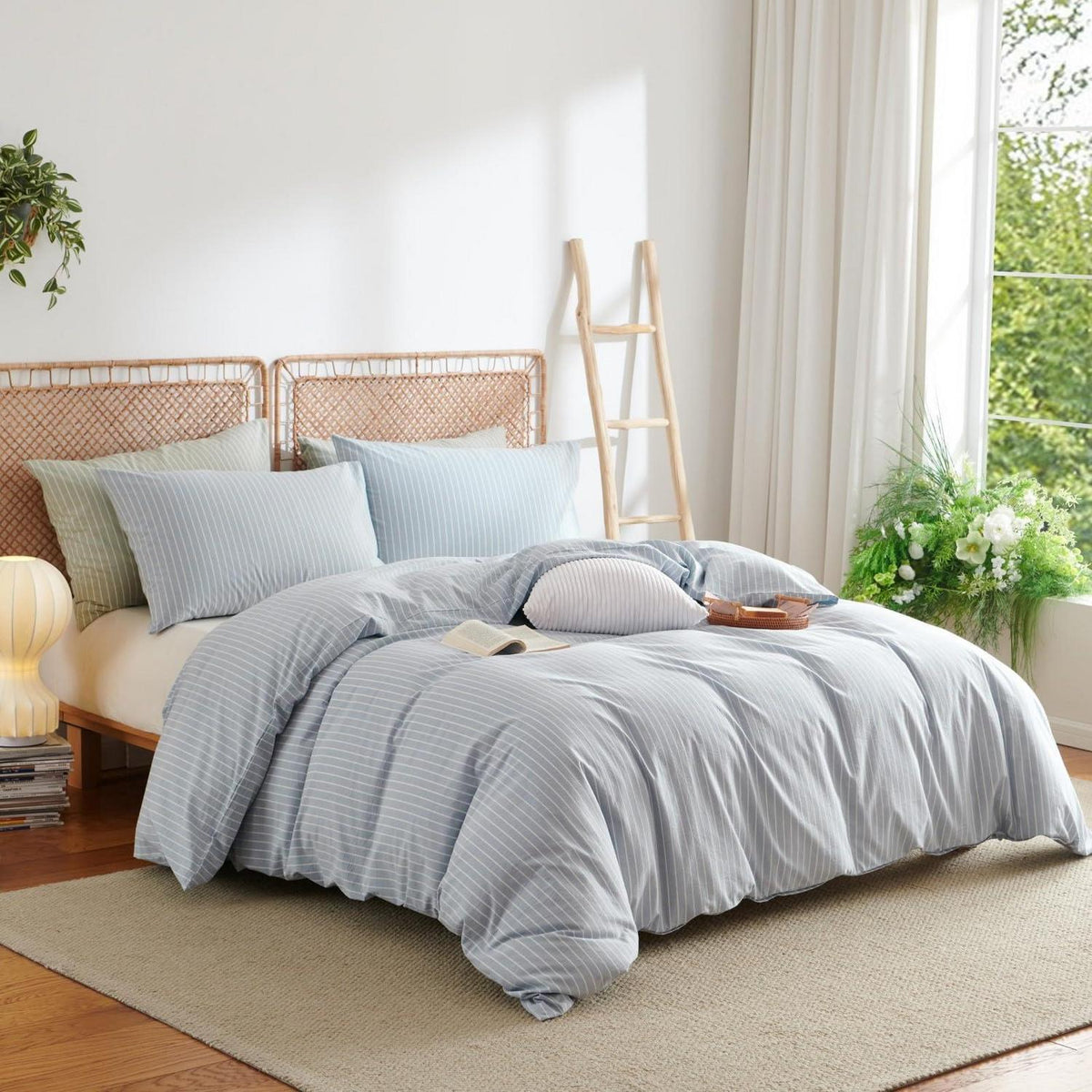 Baumwoll Bettwäsche Set gestreift blau weiß 200x220 cm