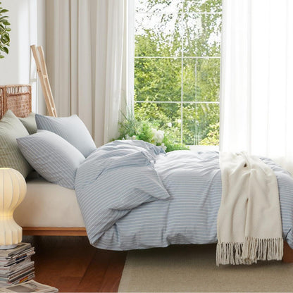 Baumwoll Bettwäsche Set gestreift blau weiß 200x220 cm