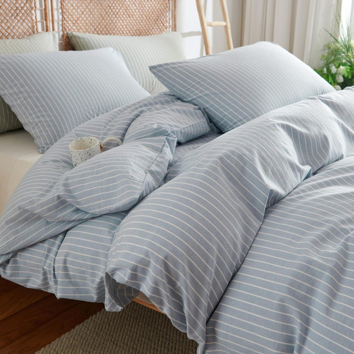 Baumwoll Bettwäsche Set gestreift blau weiß 200x220 cm