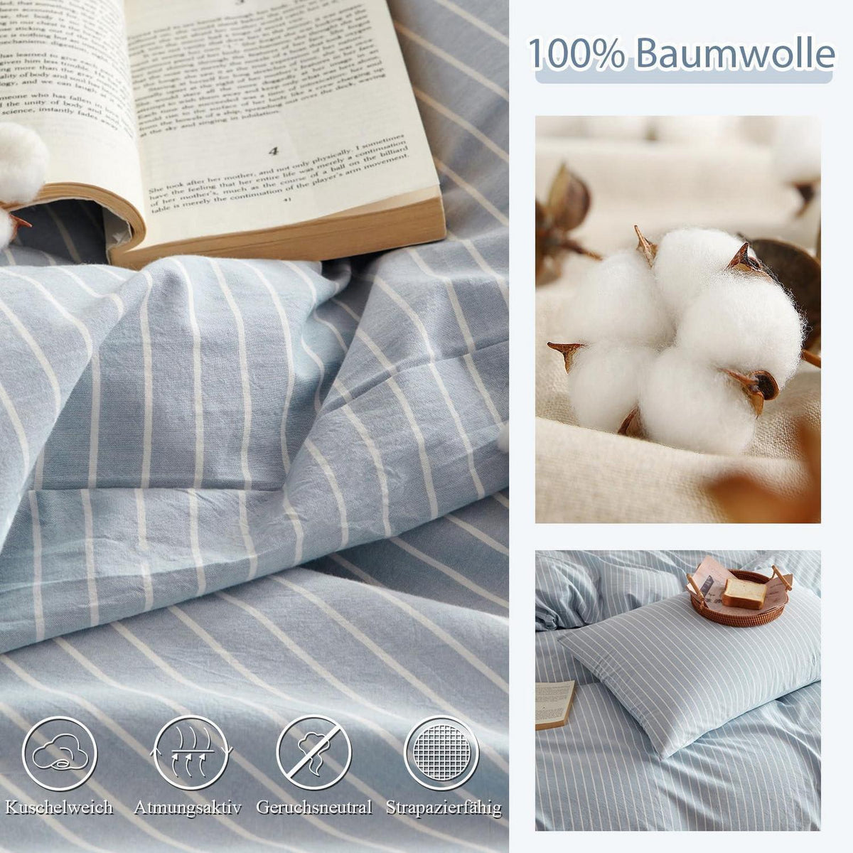 Baumwoll Bettwäsche Set gestreift blau weiß 200x220 cm